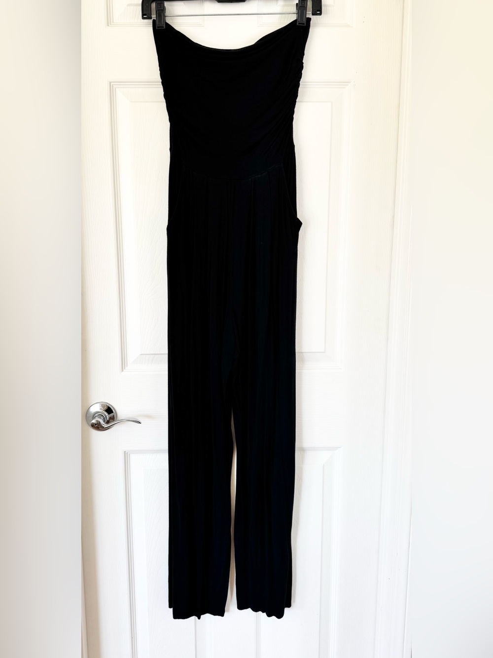 Black Strapless Ruched Wide Leg Jumpsuit Pockets S
